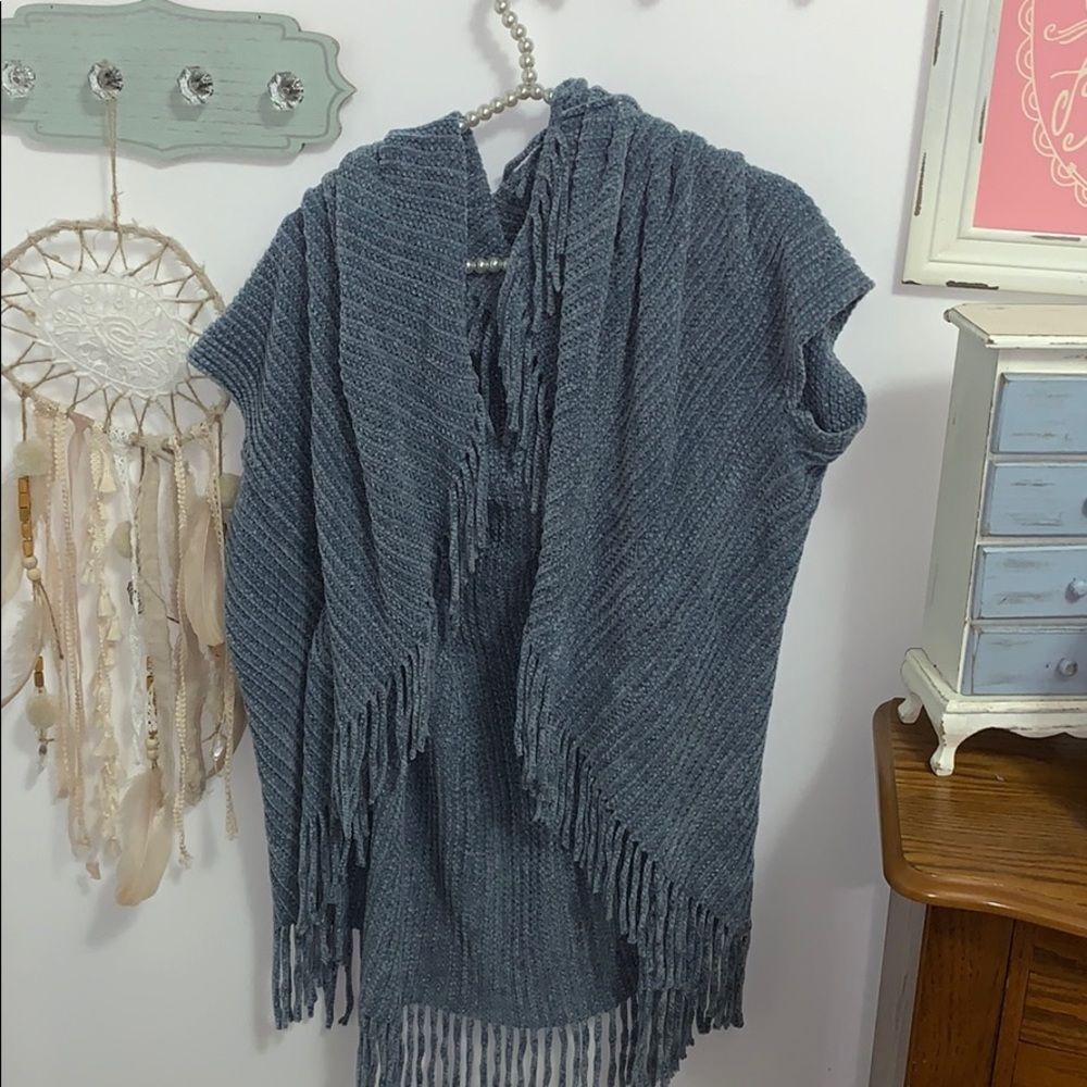 Ruggine Women Poncho Sweater One Size Blue Knit Cape Shawl Fringe Open Front